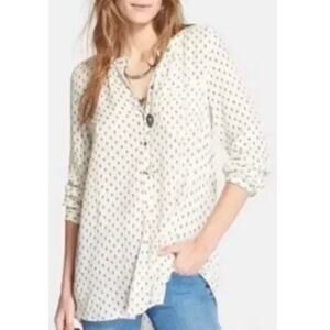 Free People Ivory Rune Pattern Henley Tunic Top 100% Rayon Long Sleeve M